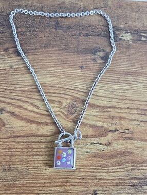 Alan K Sterling Silver 925 Millefiori Murano Glass Padlock Toggle Necklace
